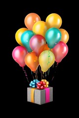 Birthday colorful balloons with a gift box on isolated transparent background