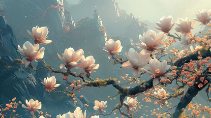 Fotobehang Blooming magnolia branches in the mountains. Magnolia blossoms in the early morning. Blooming spring, beauty in nature © Татьяна Клименкова