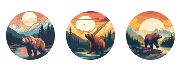  Set of mountain and bear logo inside a circle on a transparent background