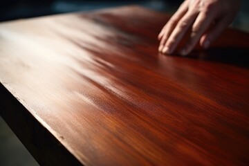 A close up of a person's hand on a wooden table. Suitable for various concepts and themes