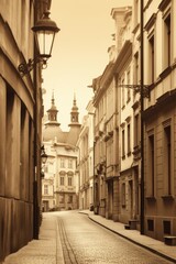 A street scene with a lamp post and a building in the background. Ideal for urban themes and city landscapes