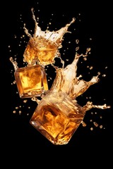 Falling melting ice cubes in the whisky splash isolated on transparent background. - obrazy, fototapety, plakaty