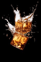 Falling melting ice cubes in the whisky splash isolated on transparent background.