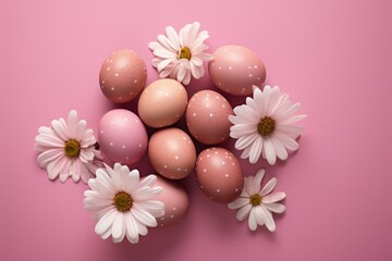 Obraz na płótnie Canvas Fresh eggs and colorful flowers on a pink background. Perfect for Easter or spring themed designs