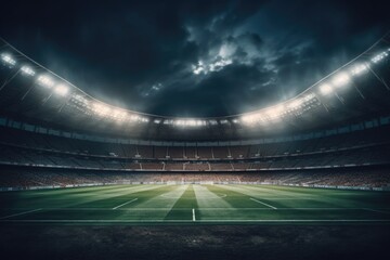 An empty soccer stadium with a dark sky in the background. Suitable for sports events or...