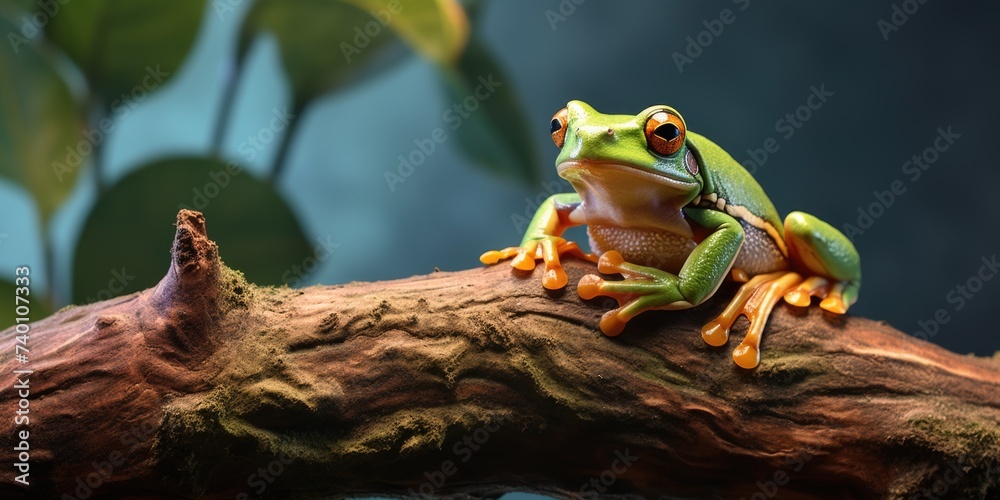 Poster a frog perched on a tree branch. ideal for nature and wildlife concepts