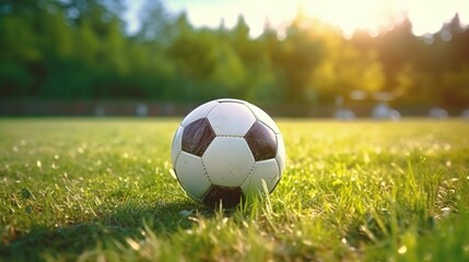 Fototapeta premium Soccer ball on lush green field, ideal for sports and outdoor concepts