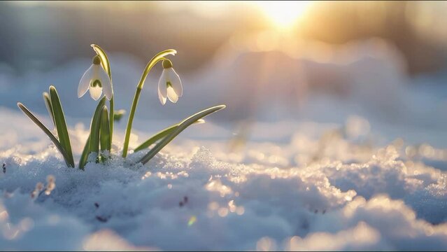blossom snowdrops on a clearing in the snow in spring, spring concept, nature awakening