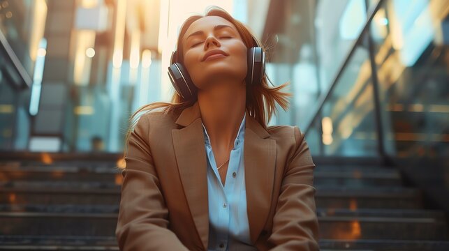 Mental health. Business woman relaxing and listening music. Ai generated image