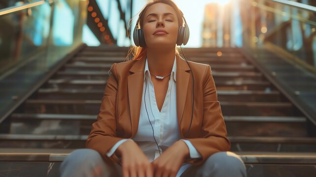 Mental health. Business woman relaxing and listening music. Ai generated image