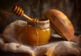 a honey jar and wooden spoon in the style of david bu - obrazy, fototapety, plakaty