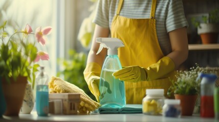 A person wearing yellow gloves and a yellow apron holding a spray bottle. Suitable for cleaning or household maintenance concepts