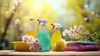 Various cleaning products neatly arranged on a table, suitable for household cleaning or janitorial services - obrazy, fototapety, plakaty