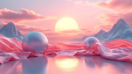 Cercles muraux Rose clair 3D abstract silk cloth floating in pastel sunset landscape and spherical glass. Futuristic cyberpunk hyper realism details reflective holographic landscape background.