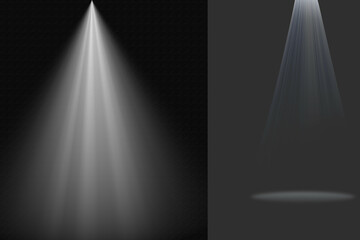 Light beams from spotlights and flashes isolated on transparent background. Vector realistic set of flare effects, bright white rays and glares with sparks. Shines and flares of projector