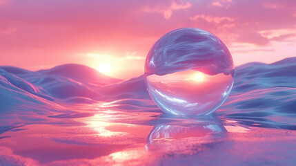 3D abstract silk cloth floating in pastel sunset landscape and spherical glass. Futuristic...