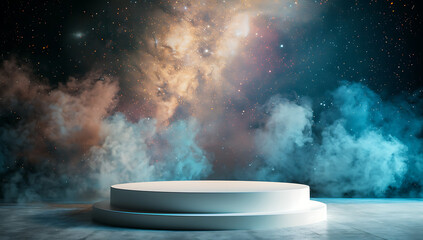 a large white podium with space and stars in the back - obrazy, fototapety, plakaty