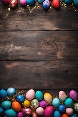 Vibrant Easter eggs displayed on rustic wooden table. Perfect for Easter holiday decorations