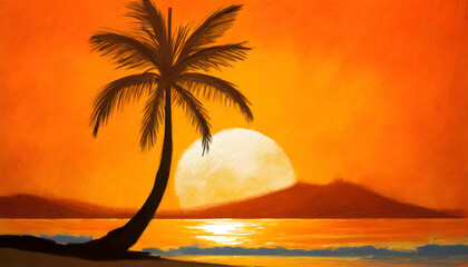 Abstract Palm tree on orange wall and sunset over backgound on digital art concept.