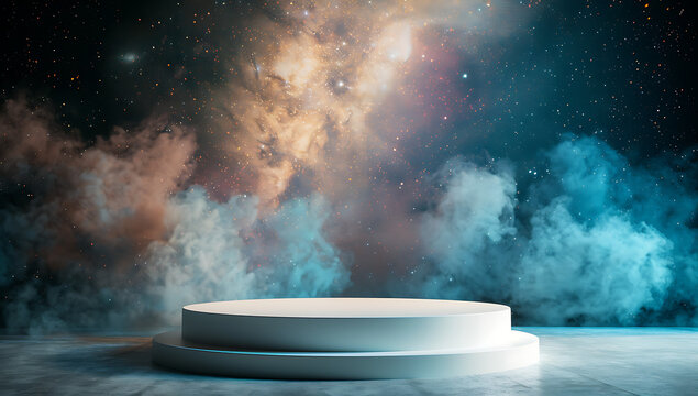 a large white podium with space and stars in the back