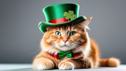 Funny cat full body in a tall green hat St. Patrick's day copy space banner white grey background fluffy feline green eyes red brown