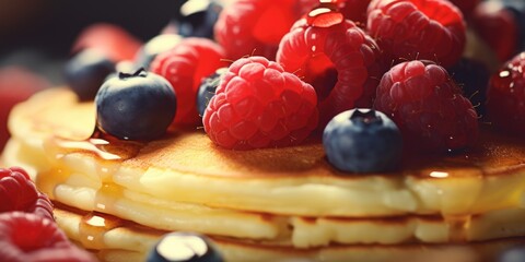 Delicious stack of pancakes topped with raspberries and blueberries, perfect for breakfast or...