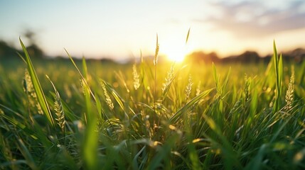 Fototapeta premium A peaceful sunset over a field of grass. Perfect for nature and landscape backgrounds