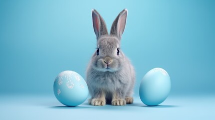 Fototapeta na wymiar A rabbit sitting next to three blue eggs. Perfect for Easter decorations