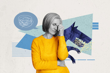 Collage creative poster black white filter old upset illness sadness woman pill treatment migraine...