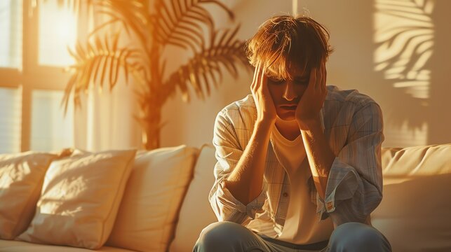 Depressed man sitting alone. Mental health concept. Ai generated image