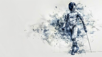 Illustration of an athlete walking in a fencing suit with a rapier in his hand. White background, space for text