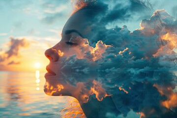 Double exposure of a woman's face in the clouds with the setting sun on the beach. Mental and psychological health of a person - obrazy, fototapety, plakaty