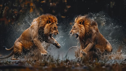 Two lion brothers engage in a fierce yet playful sparring match, honing their skills for the...