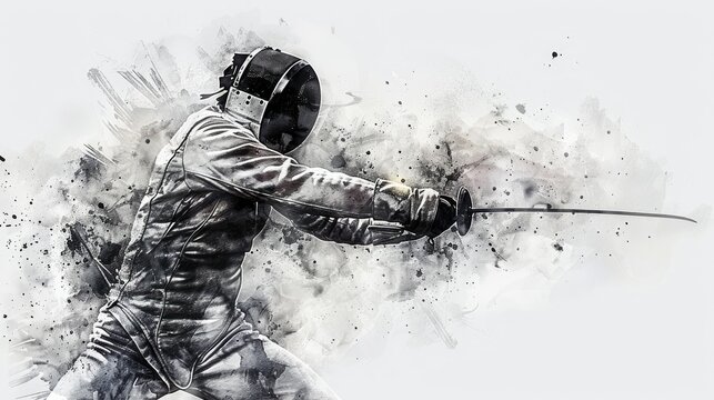 Illustration of an athlete in a fencing suit with a foil in his hand in action. The concept of sports, competition, professional skills, achievements. White background, space for text