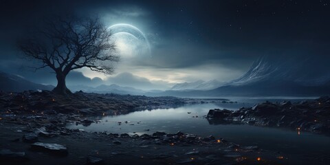 Moonlit Tree Standing in Lake at Night Generative AI