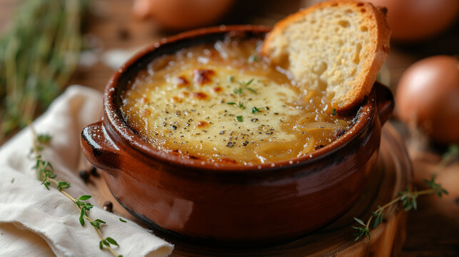 Depiction of a French onion soup (soupe &agrave; l'oignon gratin&eacute;e) with cheese and bread.