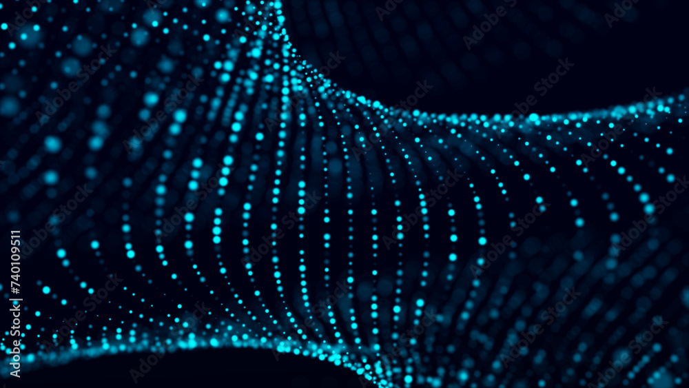 Poster abstract blue background with moving glowing particles. big data. 3d rendering.