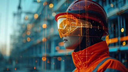 A construction worker in a reflective orange jacket and an augmented reality visor stands before a complex urban backdrop, symbolizing modern building techniques. - obrazy, fototapety, plakaty