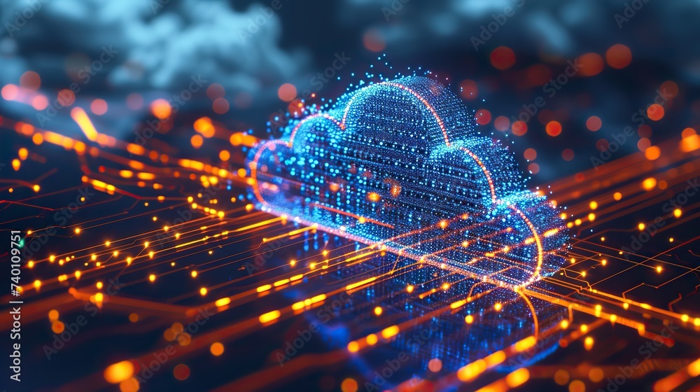 Wall mural Futuristic illustration of digital cloud infrastructure with glowing data points and circuits, symbolizing cloud computing and data storage.