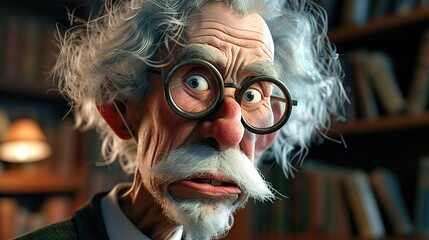 A high-resolution image of an eccentric animated senior man with large glasses, a shocked expression, and a whimsical mustache in a cozy library setting. - obrazy, fototapety, plakaty