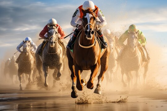 Frontal photo of a horse race on the beach