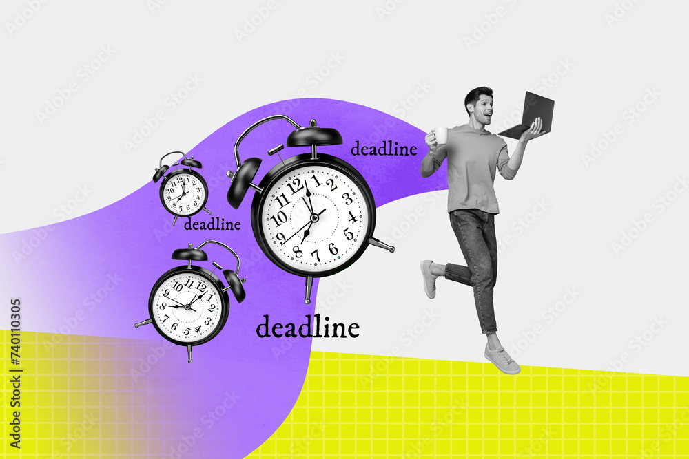 Aufkleber poster artwork collage of smiling handsome guy holding netbook completing work tasks deadline concep