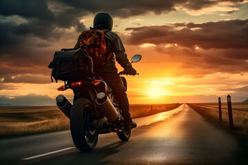 Motorcyclist prepares to hit the road against sunset backdrop. Concept Travel, Motorcycle, Sunset Ride, Adventure, Lifestyle