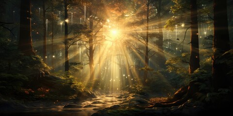 Sun Shining Through Dense Forest Generative AI