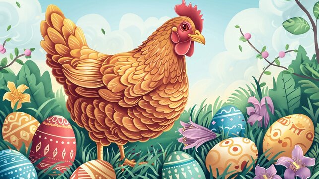 Illustration d'une poule avec des oeufs de Pâques dans un jardin » IA générative