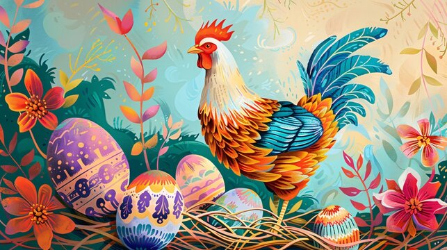 Illustration d'une poule colorée avec ses oeufs le jour de Pâques » IA générative