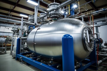 An In-depth Look at an Industrial Pressure Vessel Amidst the Intricate Network of Pipes and Gauges in a Factory Setting