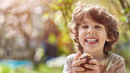 Enfant souriant avec un oeuf de Pâques en chocolat dans un jardin » IA générative