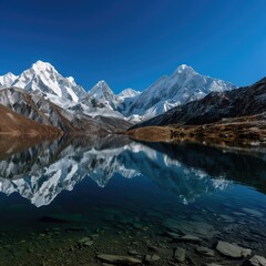 Majestic view of snow mountains peaks reflecting in lake