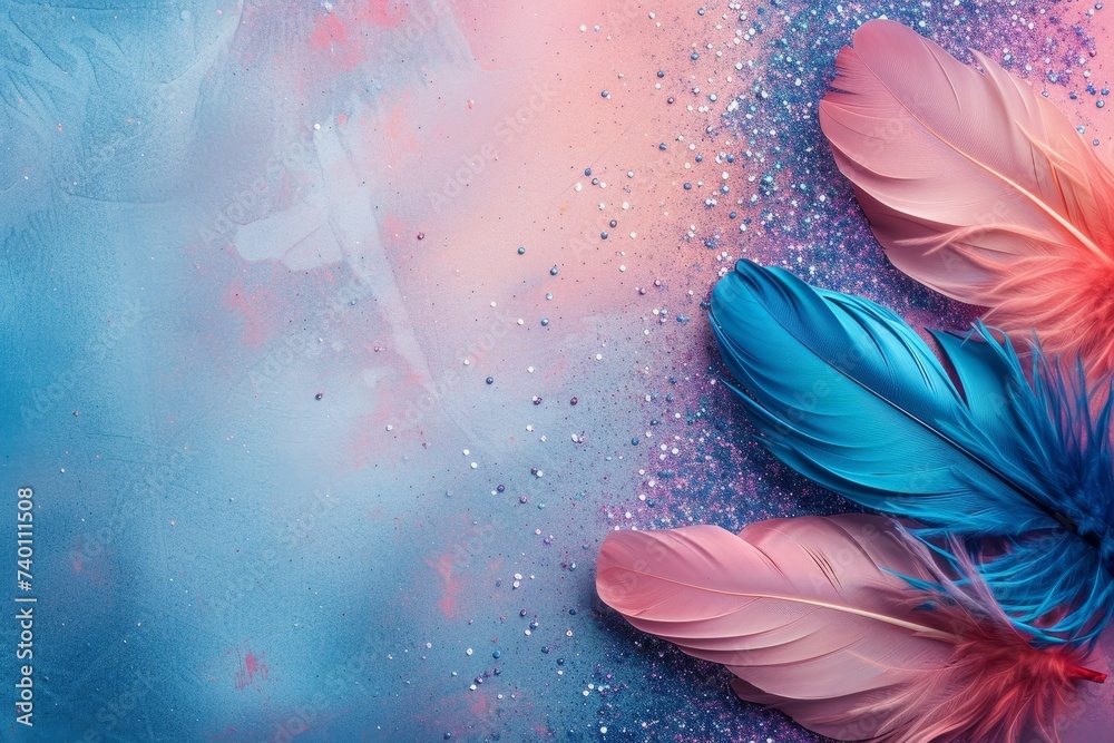 Poster three delicate feathers resting gracefully on a vibrant blue and pink background, creating a harmoni